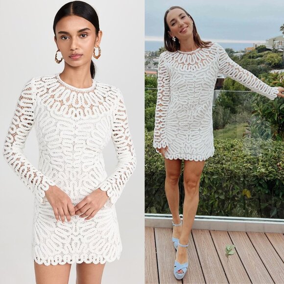 Jonathan‎ Simkhai McCall White Cage Crochet Embroidery Long Sleeve Mini Dress 0 - Picture 1 of 13